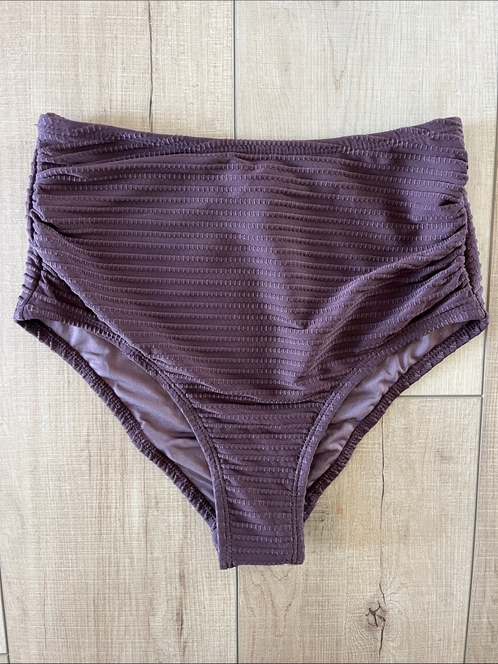 High-Waist Textured Bikini Bottom - Brown